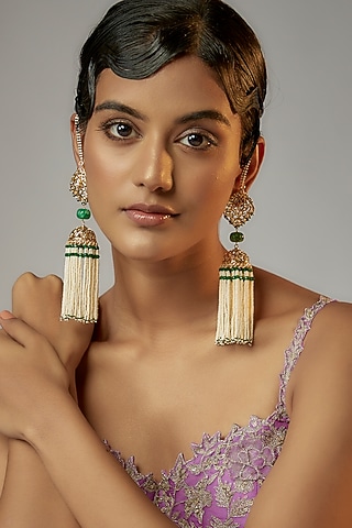 Gold Plated Semi-Precious Kundan Polki & Pearl Dangler Earrings by Kiara