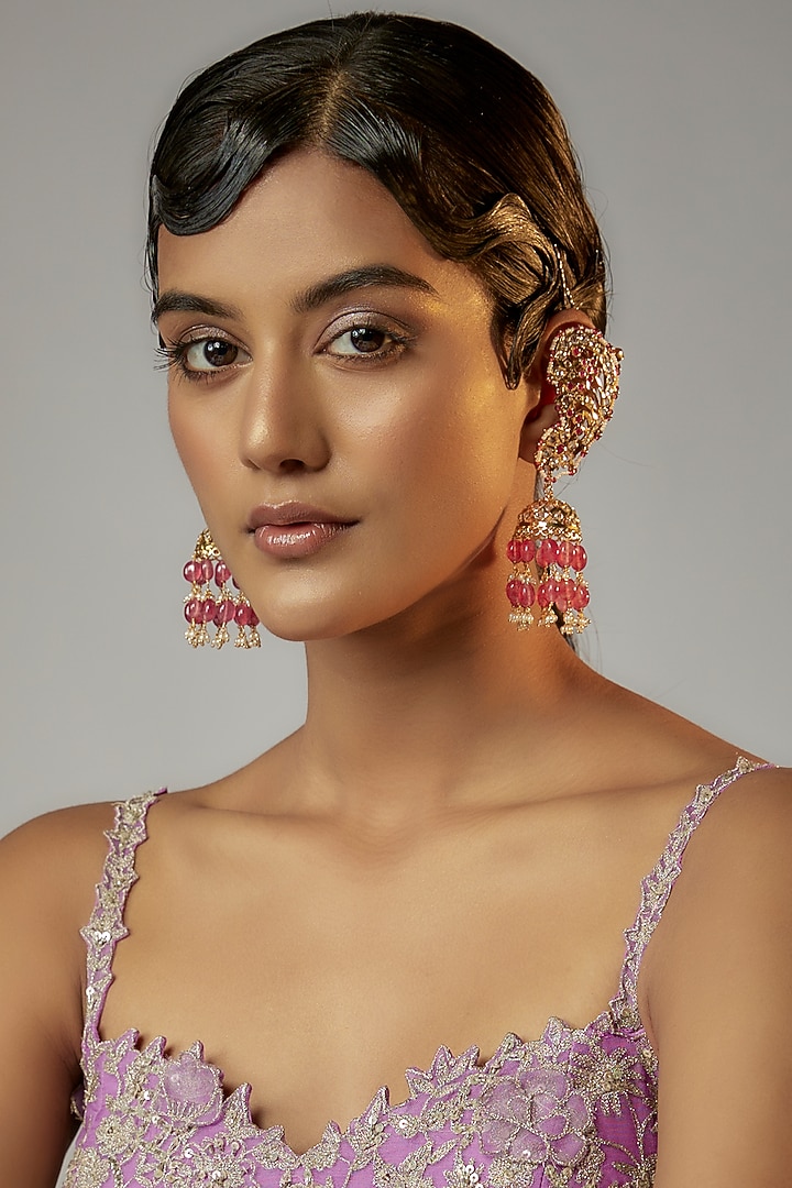 Gold Plated Semi-Precious Kundan Polki & Pink Onyx Dangler Earrings by Kiara at Pernia's Pop Up Shop