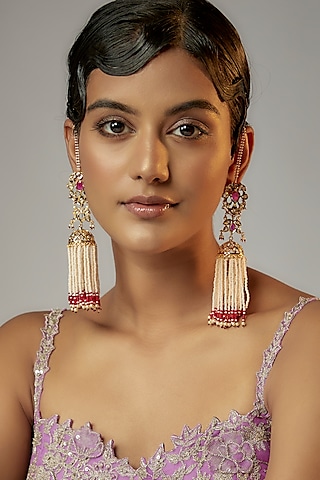 Gold Plated Semi-Precious Kundan Polki & Pearl Dangler Earrings by Kiara
