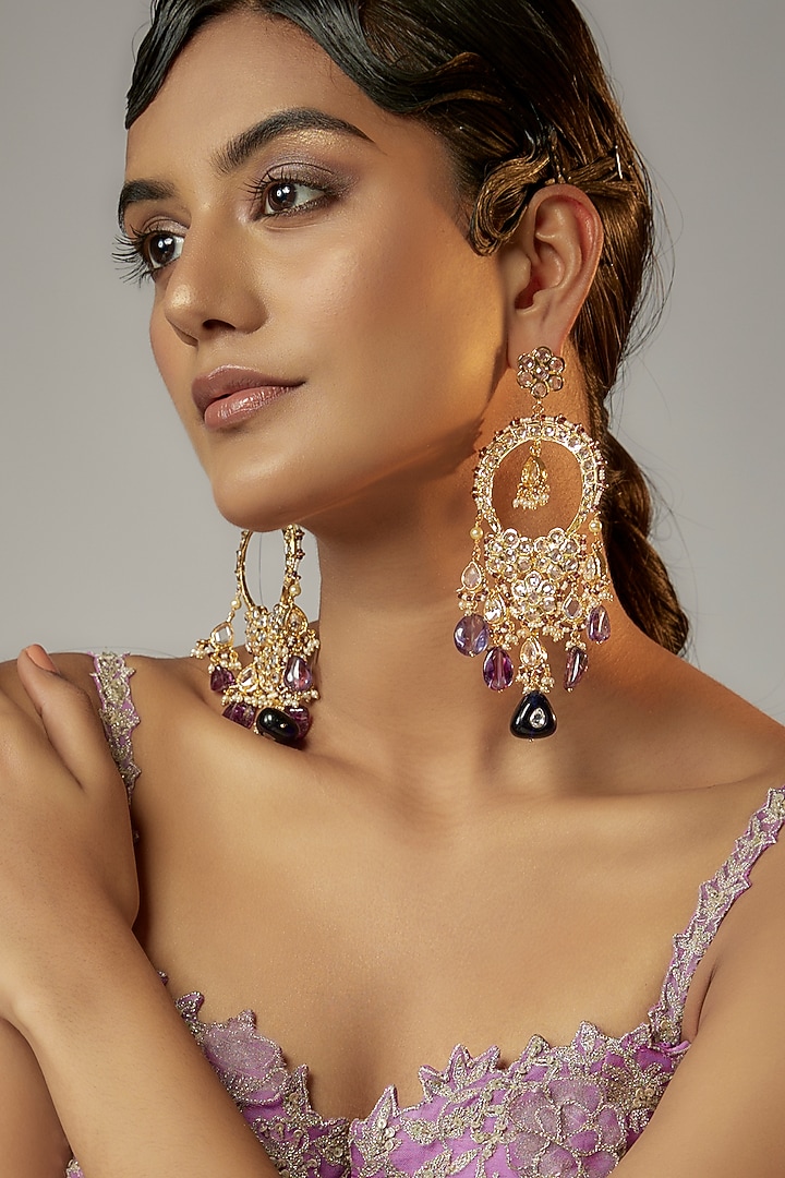 Gold Plated Semi-Precious Kundan Polki & Purple Onyx Dangler Earrings by Kiara at Pernia's Pop Up Shop