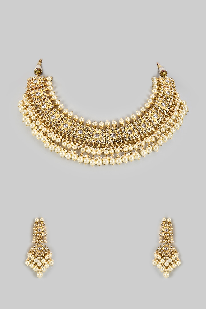 Gold Plated Kundan Polki & Pearl Choker Necklace Set by Kiara at Pernia's Pop Up Shop