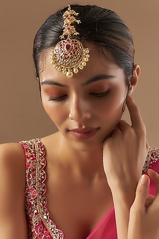 Gold Plated Kundan Polki & Red Onyx Maangtikka by Kiara