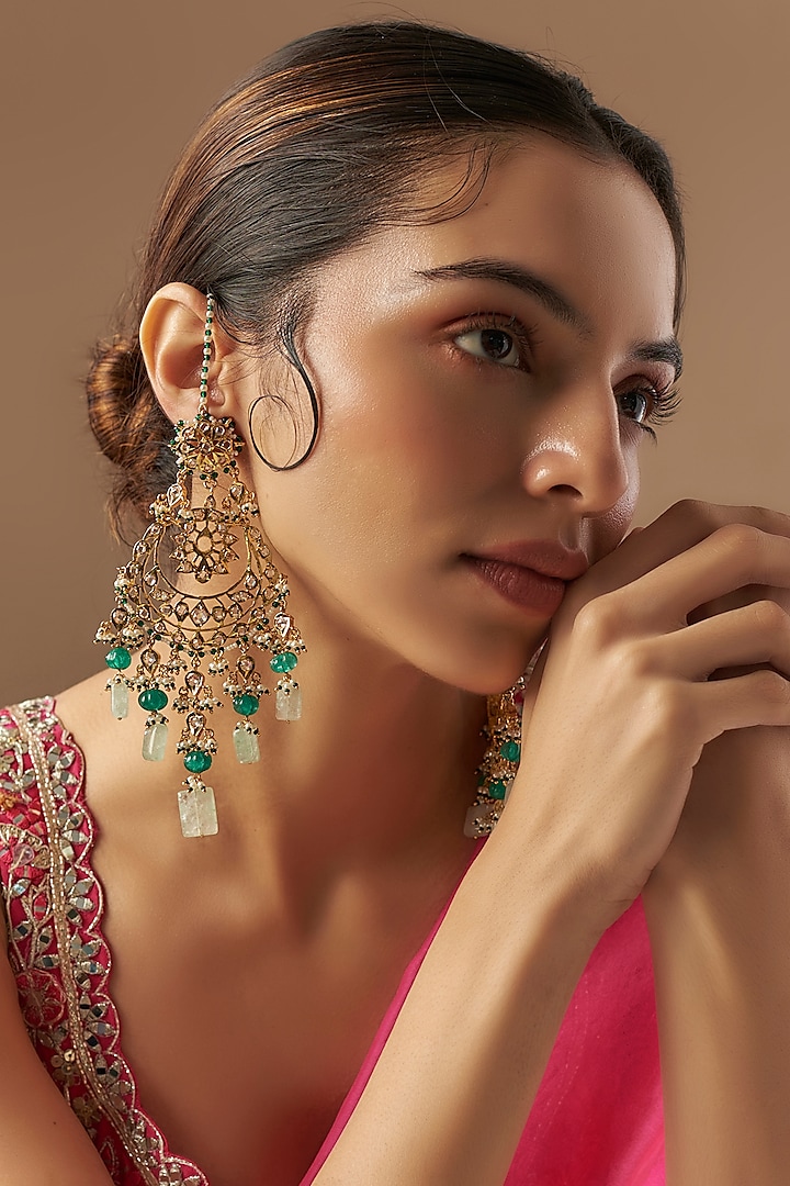 Gold Plated Kundan Polki & Green Onyx Chandbali Earrings by Kiara