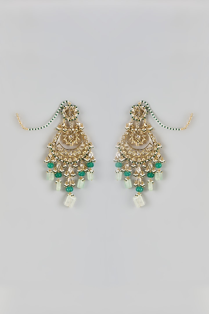 Gold Plated Kundan Polki & Green Onyx Chandbali Earrings by Kiara at Pernia's Pop Up Shop