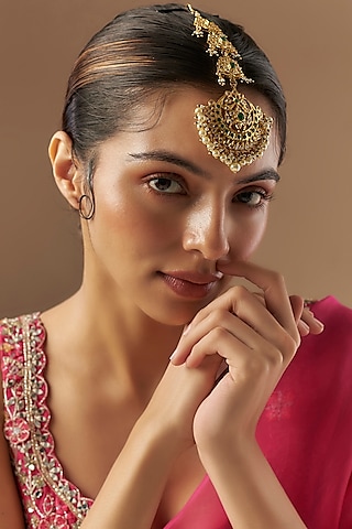 Gold Plated Kundan Polki & Green Onyx Maangtikka by Kiara