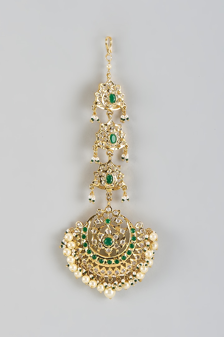 Gold Plated Kundan Polki & Green Onyx Maangtikka by Kiara at Pernia's Pop Up Shop