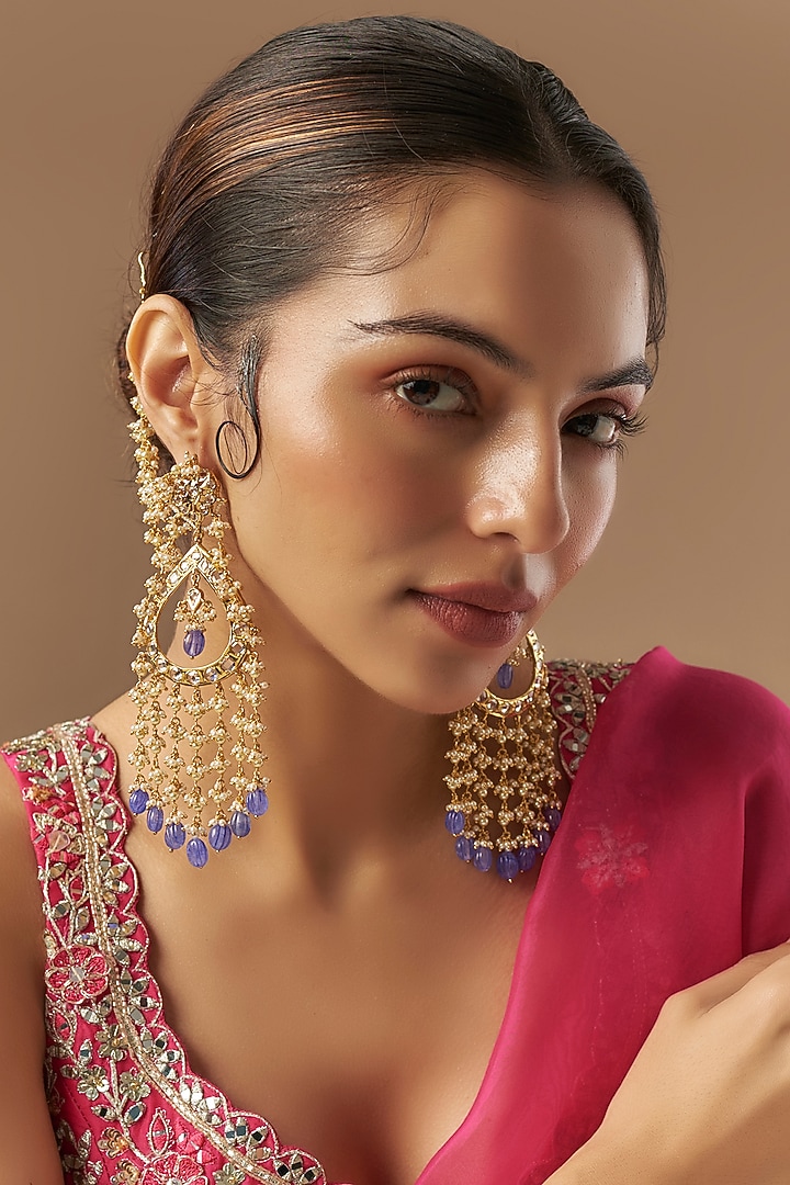 Gold Plated Kundan Polki & Blue Carved Onyx Dangler Earrings by Kiara at Pernia's Pop Up Shop
