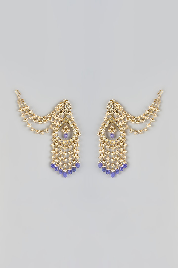 Gold Plated Kundan Polki & Blue Carved Onyx Dangler Earrings by Kiara at Pernia's Pop Up Shop