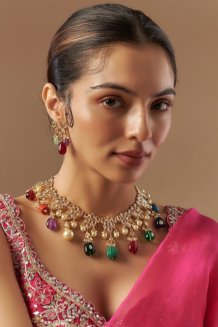 Gold Plated Kundan Polki & Pearl Choker Necklace Set by Kiara at Pernia's Pop Up Shop