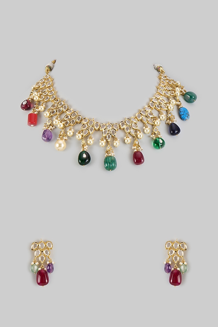 Gold Plated Kundan Polki & Pearl Choker Necklace Set by Kiara at Pernia's Pop Up Shop