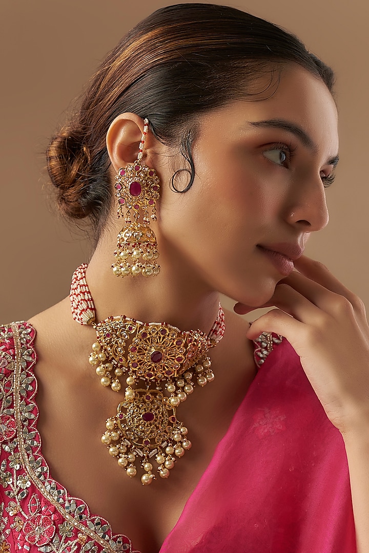 Gold Plated Kundan Polki & Red Onyx Choker Necklace Set by Kiara at Pernia's Pop Up Shop