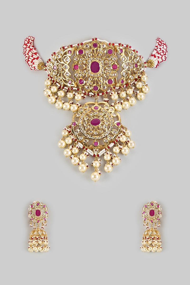 Gold Plated Kundan Polki & Red Onyx Choker Necklace Set by Kiara at Pernia's Pop Up Shop