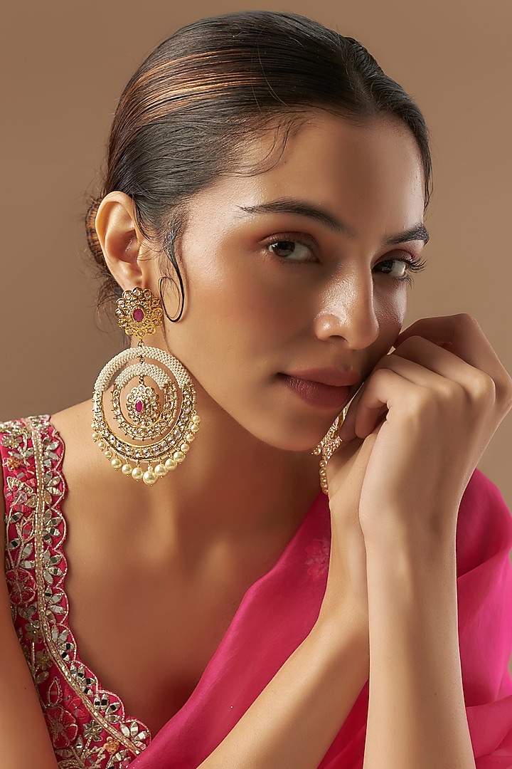 Gold Plated Kundan Polki & Red Onyx Chandbali Earrings by Kiara at Pernia's Pop Up Shop