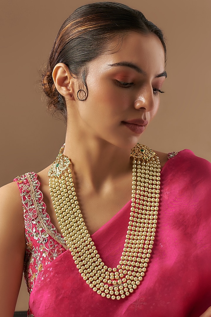 Gold Plated Kundan Polki & Green Onyx Layered Necklace Set by Kiara at Pernia's Pop Up Shop