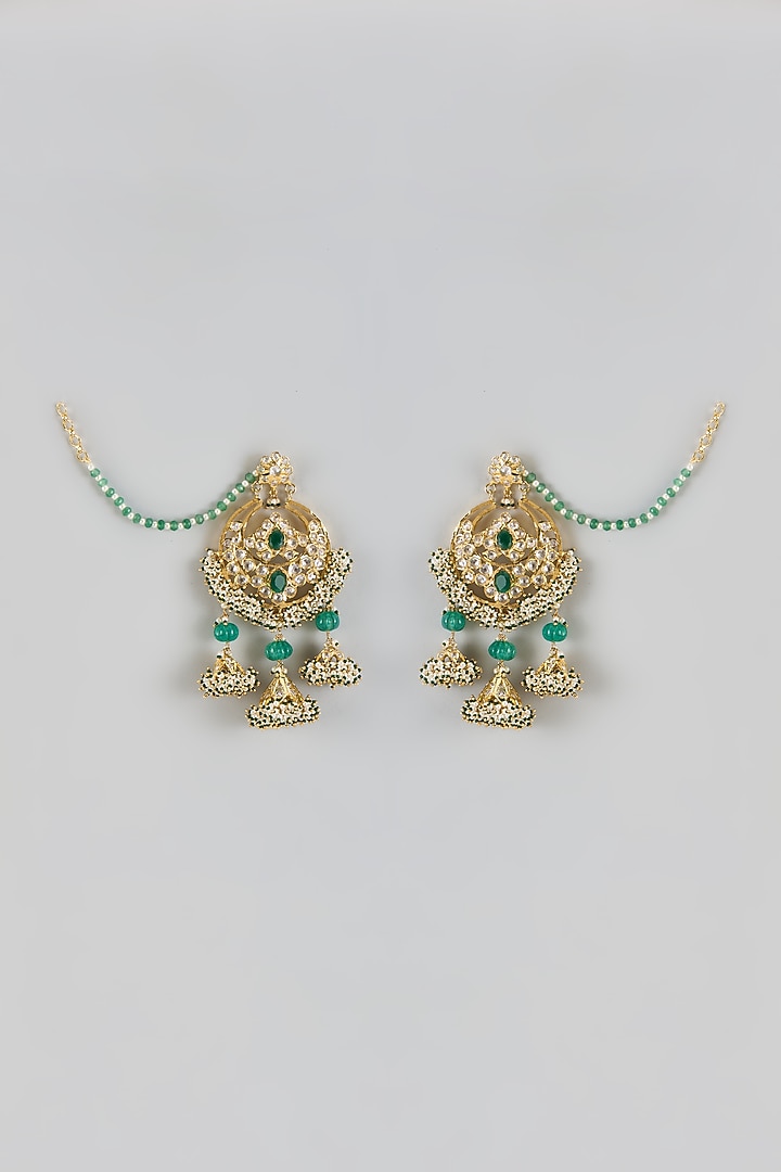 Gold Plated Kundan Polki & Green Onyx Chandbali Earrings by Kiara at Pernia's Pop Up Shop
