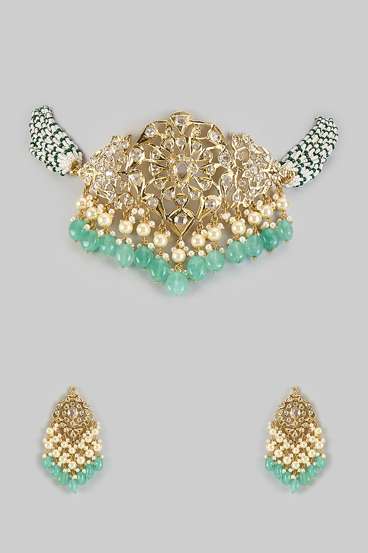 Gold Plated Kundan Polki & Green Onyx Choker Necklace Set by Kiara at Pernia's Pop Up Shop