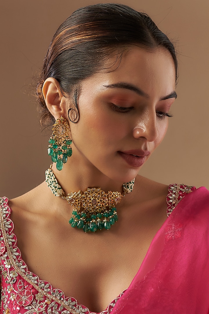Gold Plated Kundan Polki & Green Onyx Choker Necklace Set by Kiara at Pernia's Pop Up Shop