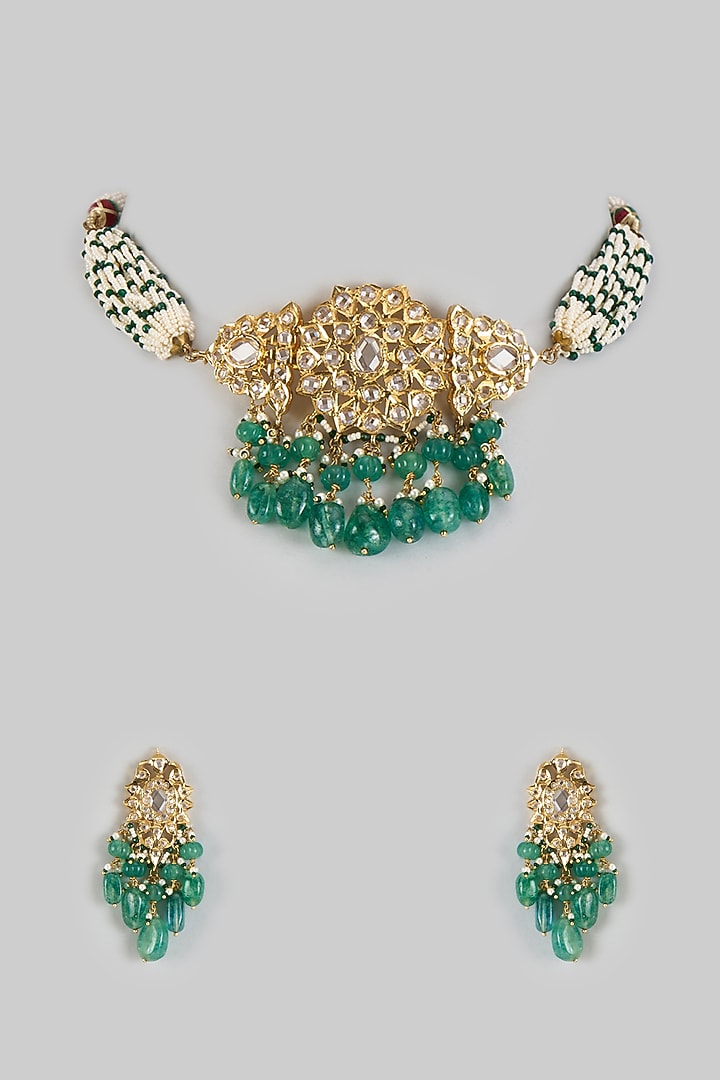 Gold Plated Kundan Polki & Green Onyx Choker Necklace Set by Kiara at Pernia's Pop Up Shop
