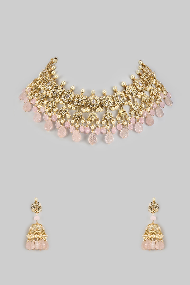 Gold Plated Kundan Polki & Pink Carved Onyx Choker Necklace Set by Kiara at Pernia's Pop Up Shop