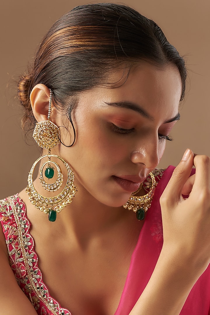 Gold Plated Kundan Polki & Green Onyx Chandbali Earrings by Kiara at Pernia's Pop Up Shop