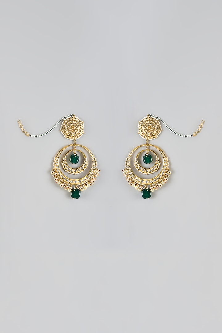 Gold Plated Kundan Polki & Green Onyx Chandbali Earrings by Kiara at Pernia's Pop Up Shop