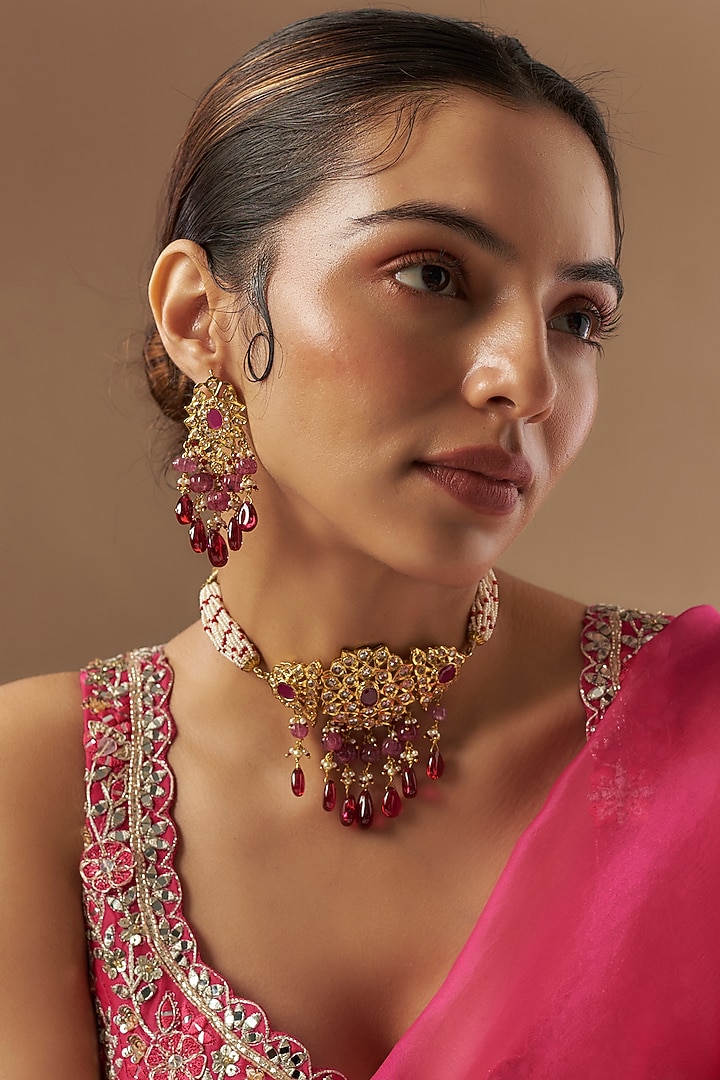 Gold Plated Kundan Polki & Red Onyx Choker Necklace Set by Kiara at Pernia's Pop Up Shop