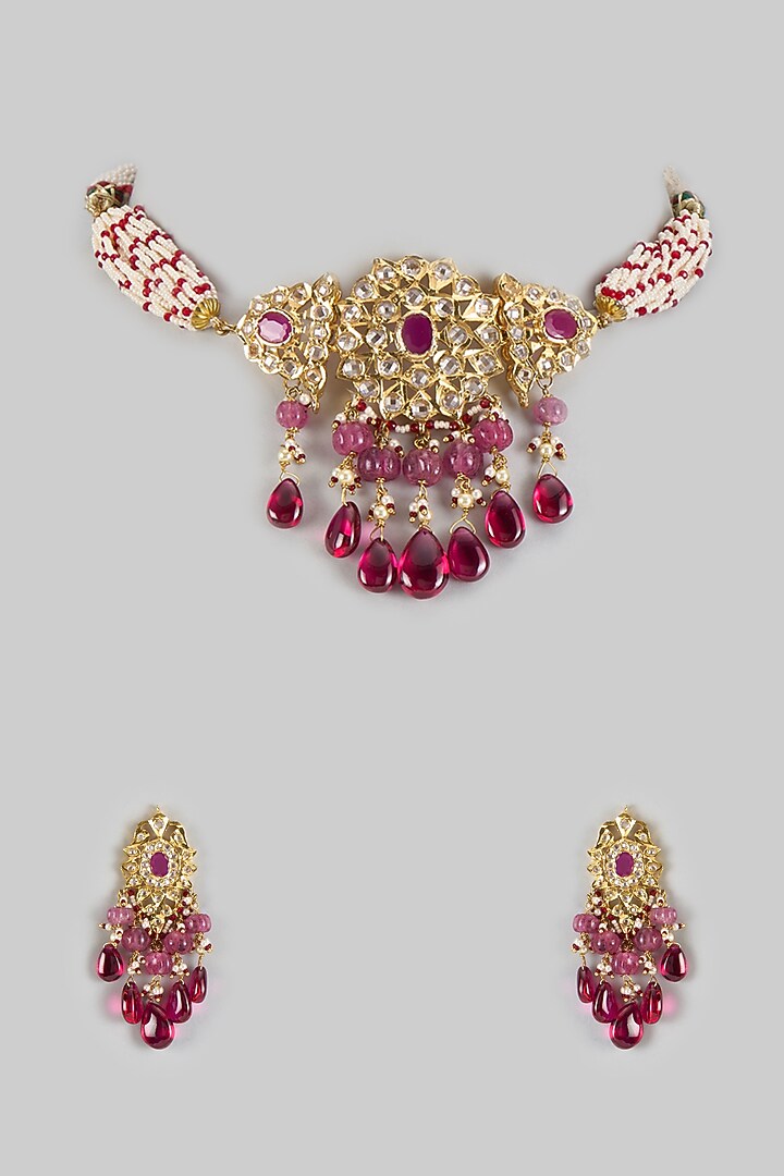 Gold Plated Kundan Polki & Red Onyx Choker Necklace Set by Kiara at Pernia's Pop Up Shop