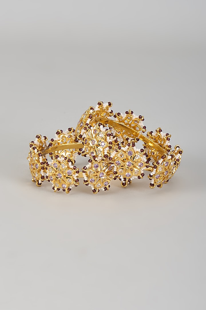 Gold Plated Kundan Polki & Green Onyx Bangles (Set of 2) by Kiara at Pernia's Pop Up Shop
