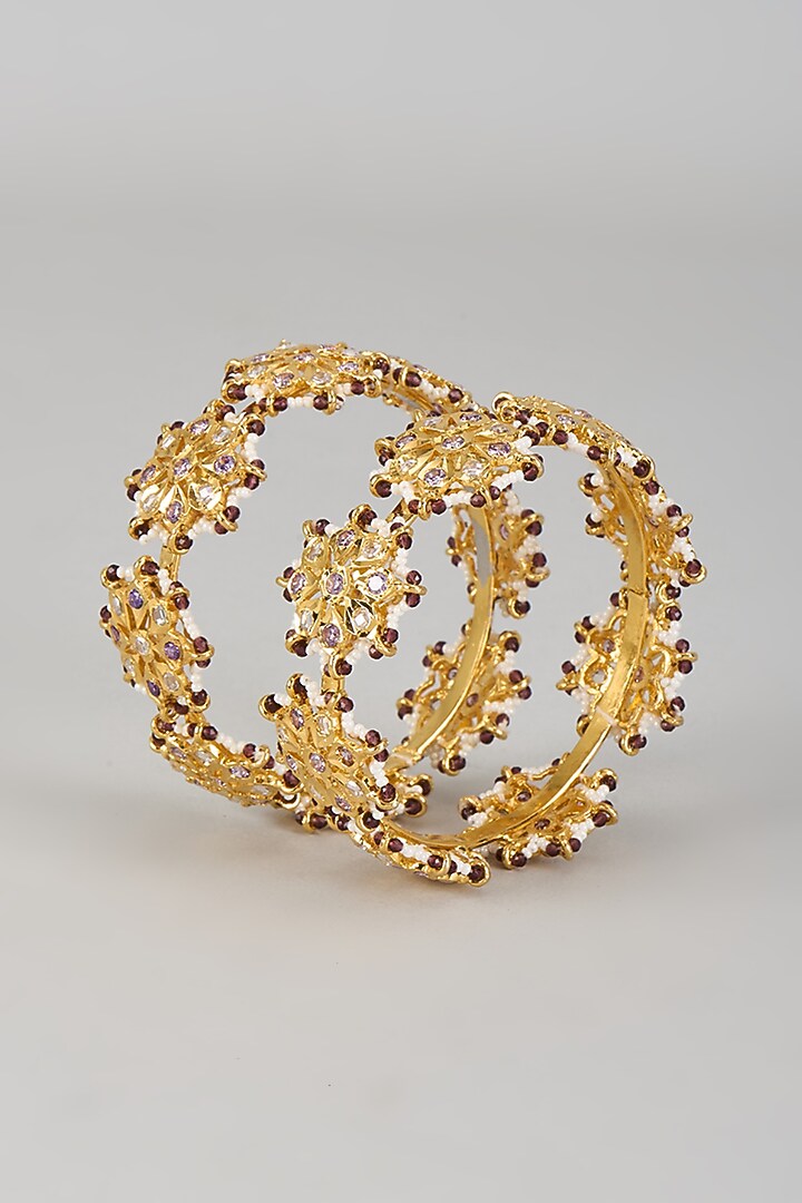 Gold Plated Kundan Polki & Green Onyx Bangles (Set of 2) by Kiara at Pernia's Pop Up Shop