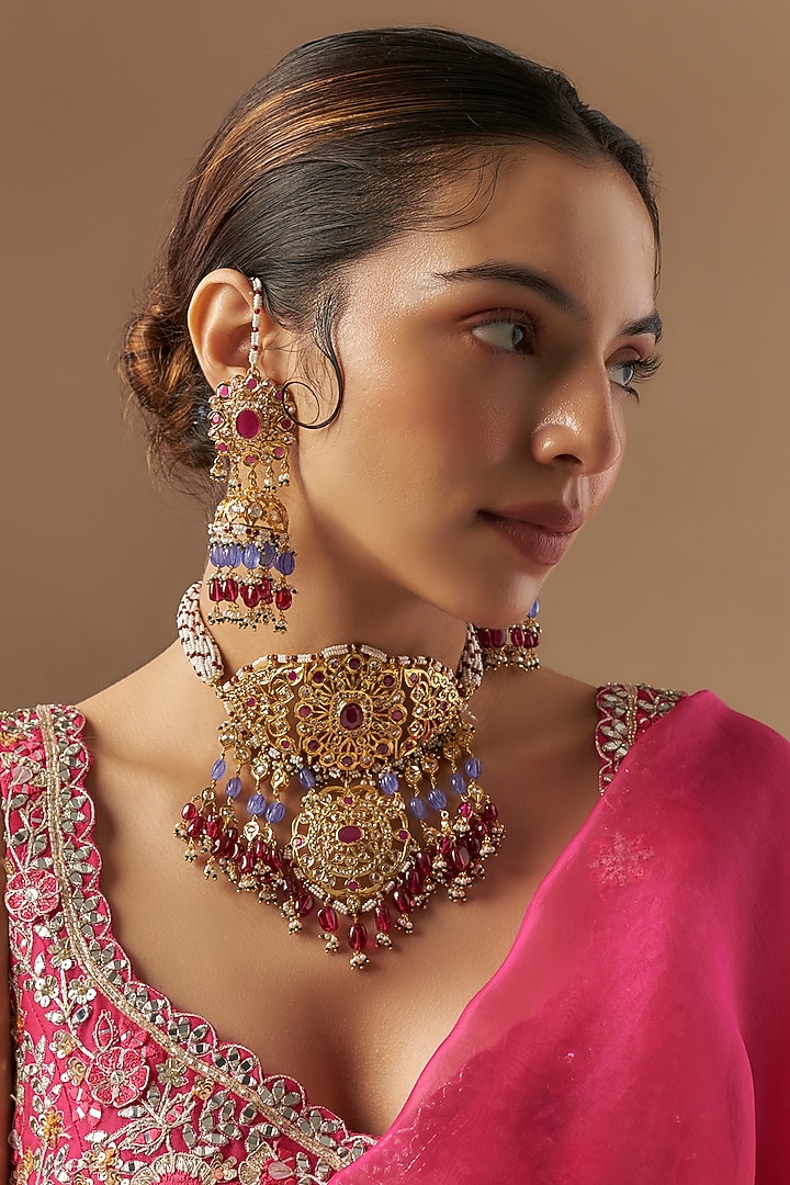 Gold Plated Kundan Polki & Red Onyx Choker Necklace Set by Kiara at Pernia's Pop Up Shop
