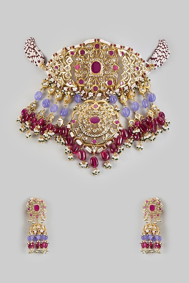 Gold Plated Kundan Polki & Red Onyx Choker Necklace Set by Kiara at Pernia's Pop Up Shop