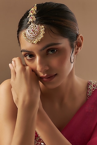 Gold Plated Kundan Polki & Red Onyx Maangtikka by Kiara