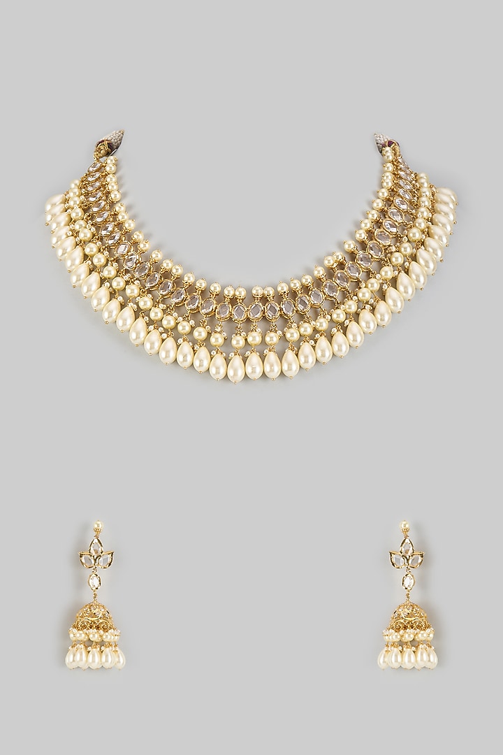 Gold Plated Kundan Polki & Pearl Choker Necklace Set by Kiara at Pernia's Pop Up Shop