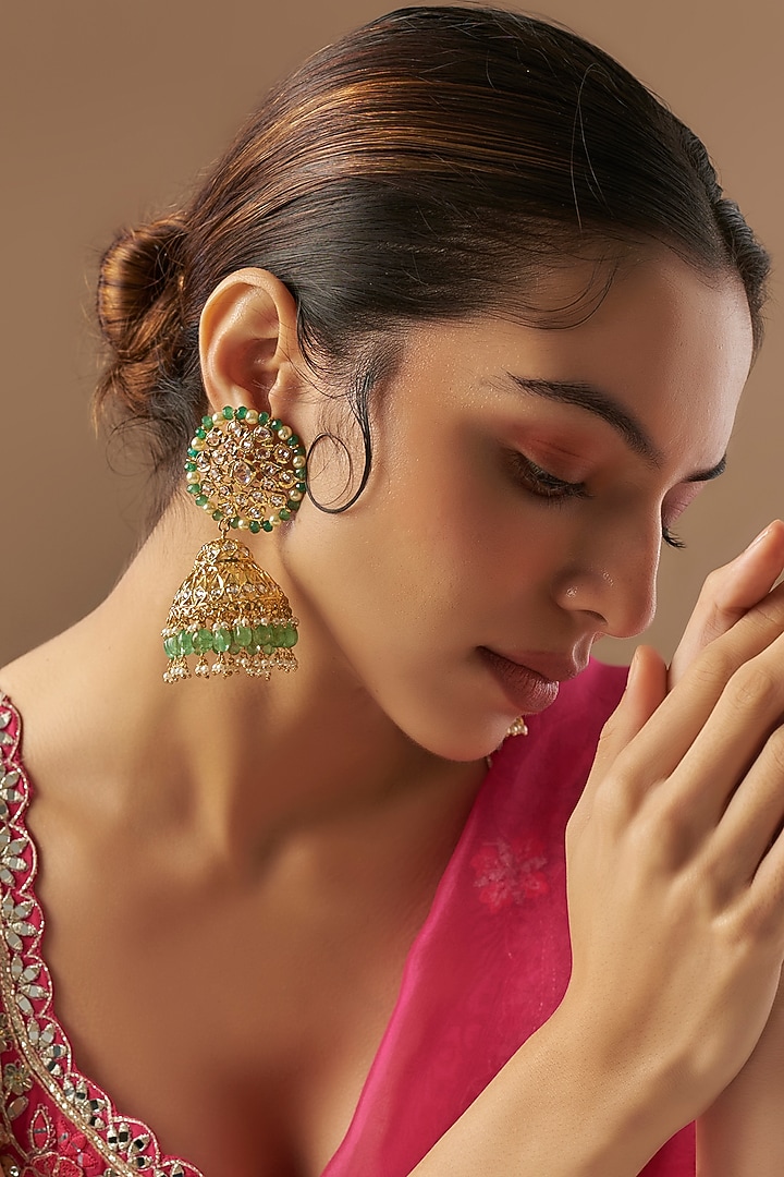 Gold Plated Kundan Polki & Green Onyx Jhumka Earrings by Kiara at Pernia's Pop Up Shop