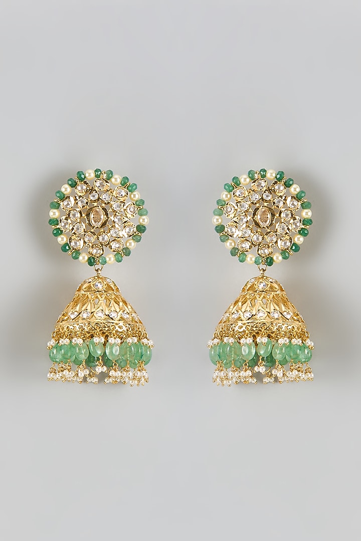 Gold Plated Kundan Polki & Green Onyx Jhumka Earrings by Kiara at Pernia's Pop Up Shop