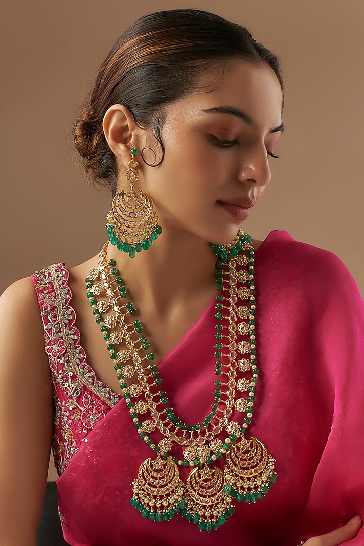 Gold Plated Kundan Polki & Green Onyx Long Necklace Set by Kiara at Pernia's Pop Up Shop