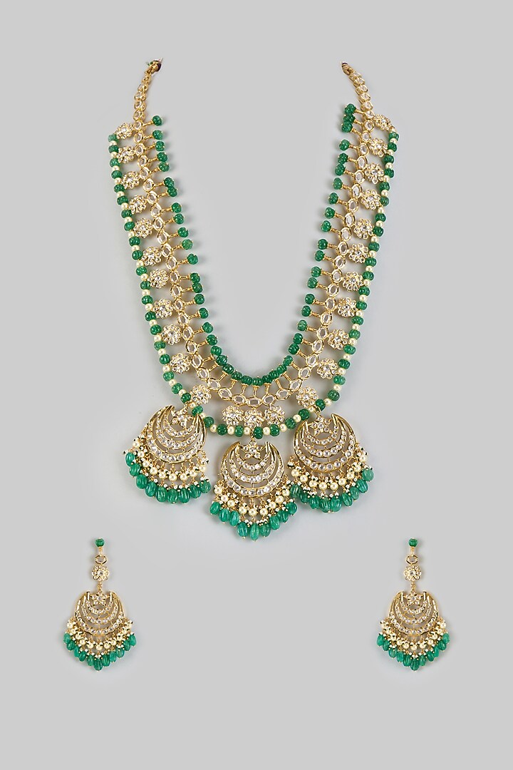 Gold Plated Kundan Polki & Green Onyx Long Necklace Set by Kiara at Pernia's Pop Up Shop