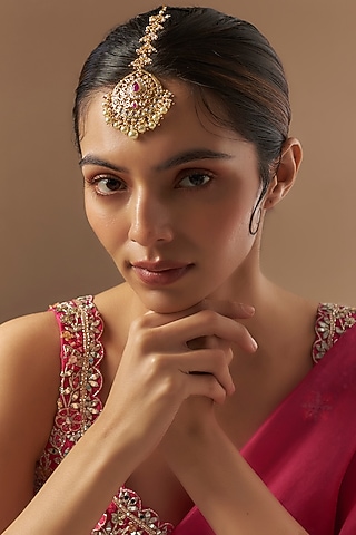 Gold Plated Kundan Polki & Red Onyx Maangtikka by Kiara