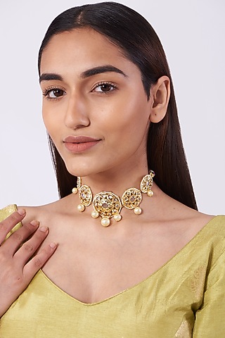 Gold Plated Pearl Choker Necklace by Kiara