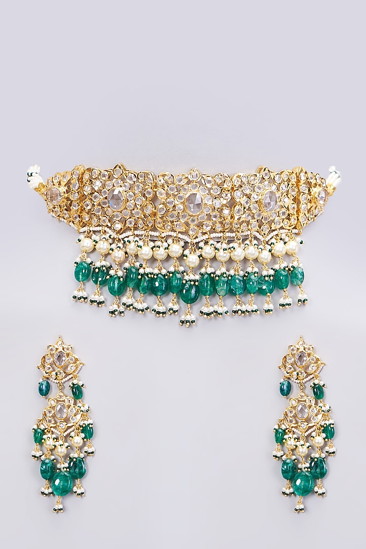 Gold Plated Green Onyx Choker Necklace Set by Kiara at Pernia's Pop Up Shop