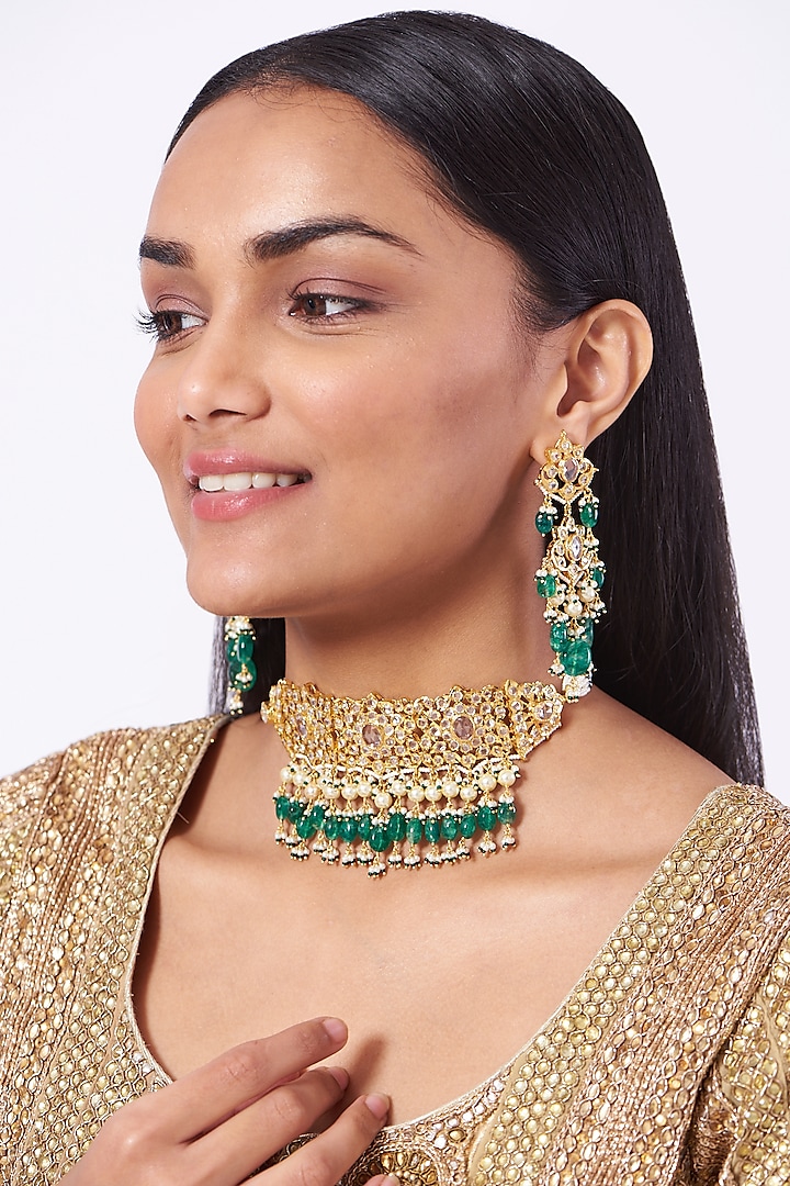 Gold Plated Green Onyx Choker Necklace Set by Kiara