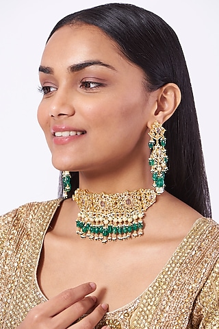 Gold Plated Green Onyx Choker Necklace Set by Kiara