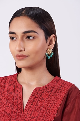 Gold Plated Green Onyx Stud Earrings by Kiara
