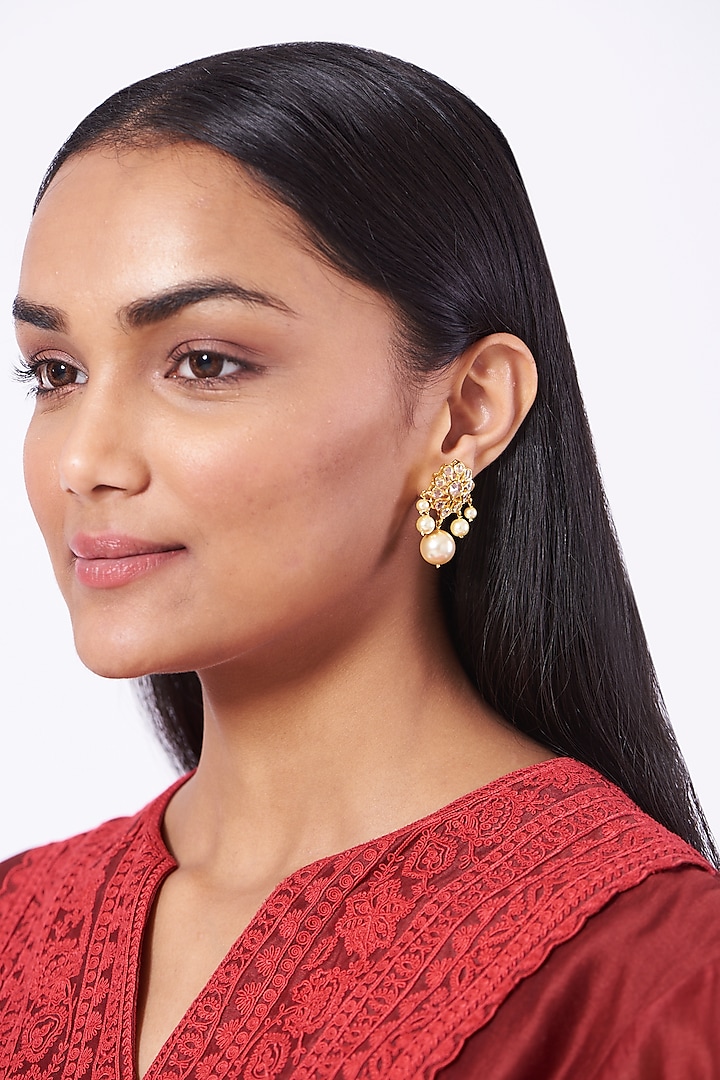 Gold Plated Pearl Stud Earrings by Kiara