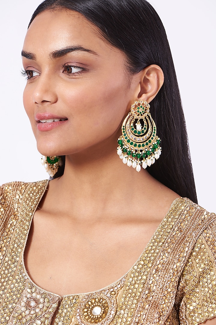 Gold Plated Chandbali Earrings With Green Onyx by Kiara