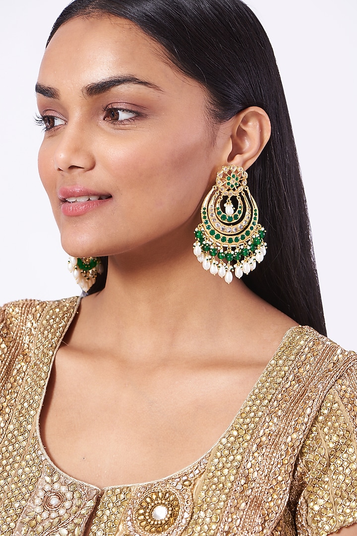 Gold Plated Chandbali Earrings With Green Onyx by Kiara at Pernia's Pop Up Shop