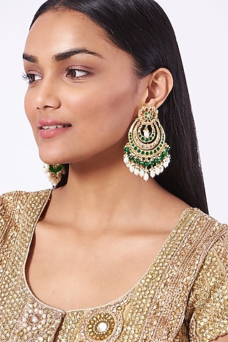 Gold Plated Chandbali Earrings With Green Onyx by Kiara