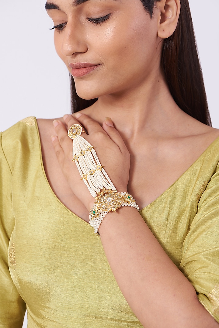 Gold Plated Pearl Hand Harness by Kiara
