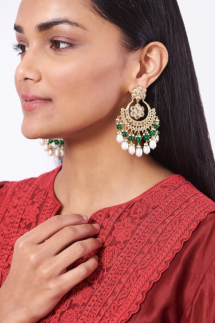 Gold Plated Onyx Chandbali Earrings by Kiara