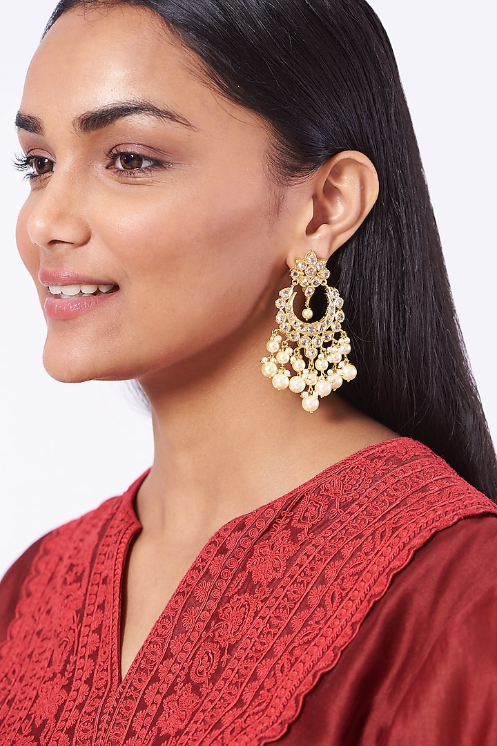 Gold Plated Pearl Chandbali Earrings by Kiara
